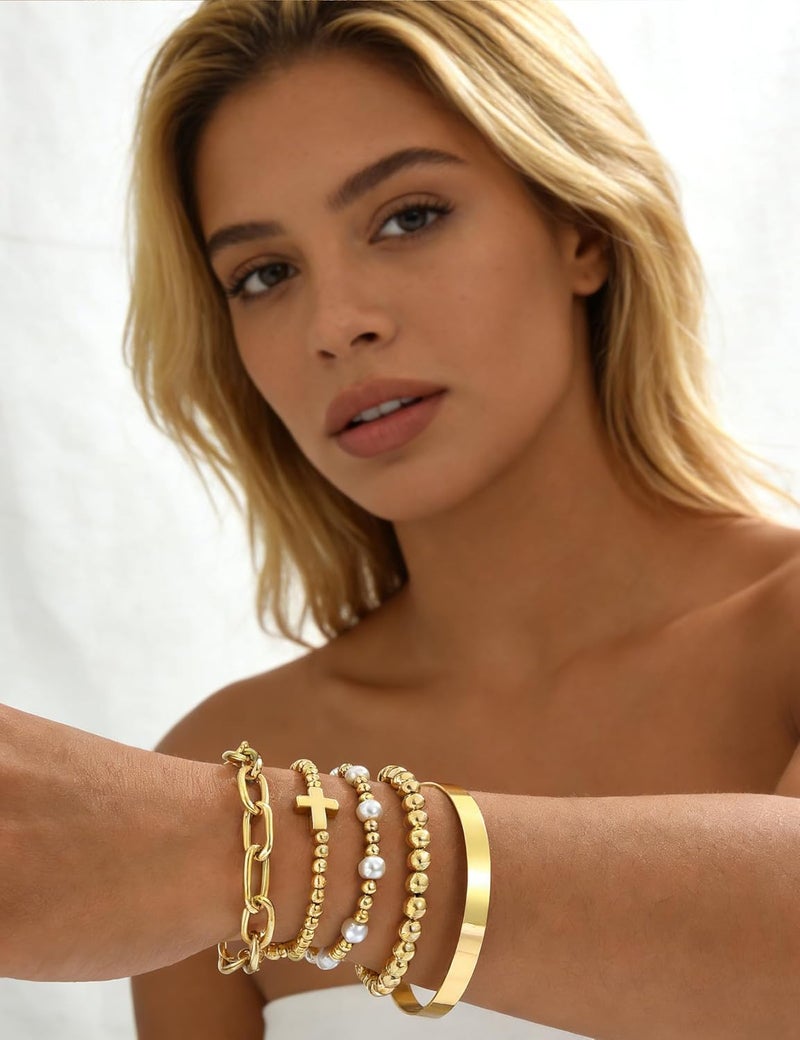 17mile Gold Beaded Bracelets for Women, 5 Pcs Dainty 14K Gold Plated Chunky Stretch Bead Ball Bracelet Stack - Image 4